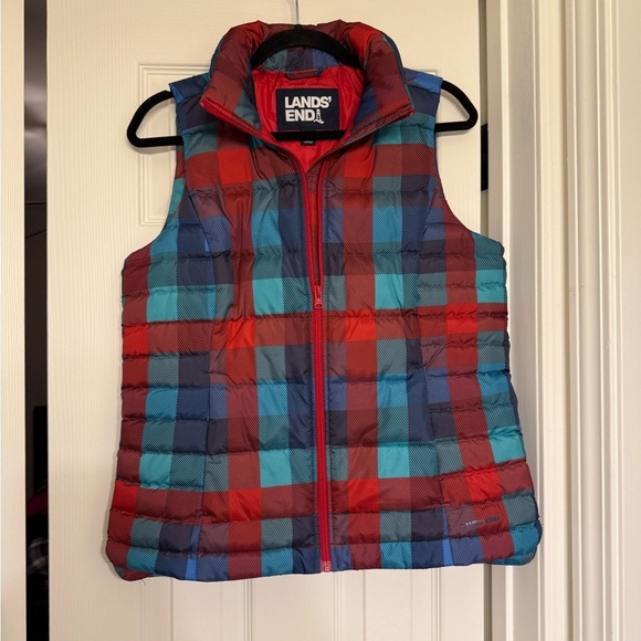 Lands’ End Women's Plaid Down Puffer Vest Size S Red Blue Full Zip - Picture 2 of 6